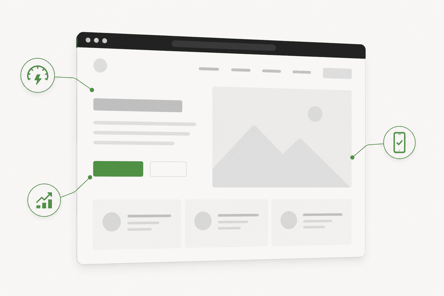 A website interface highlighting speed, mobile usability and conversion improvements