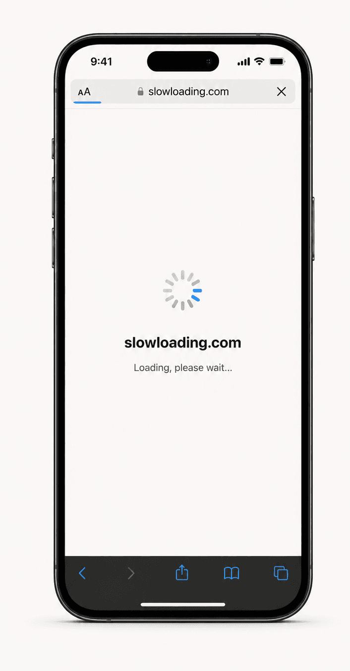 A phone showing a website stuck on a slow loading screen
